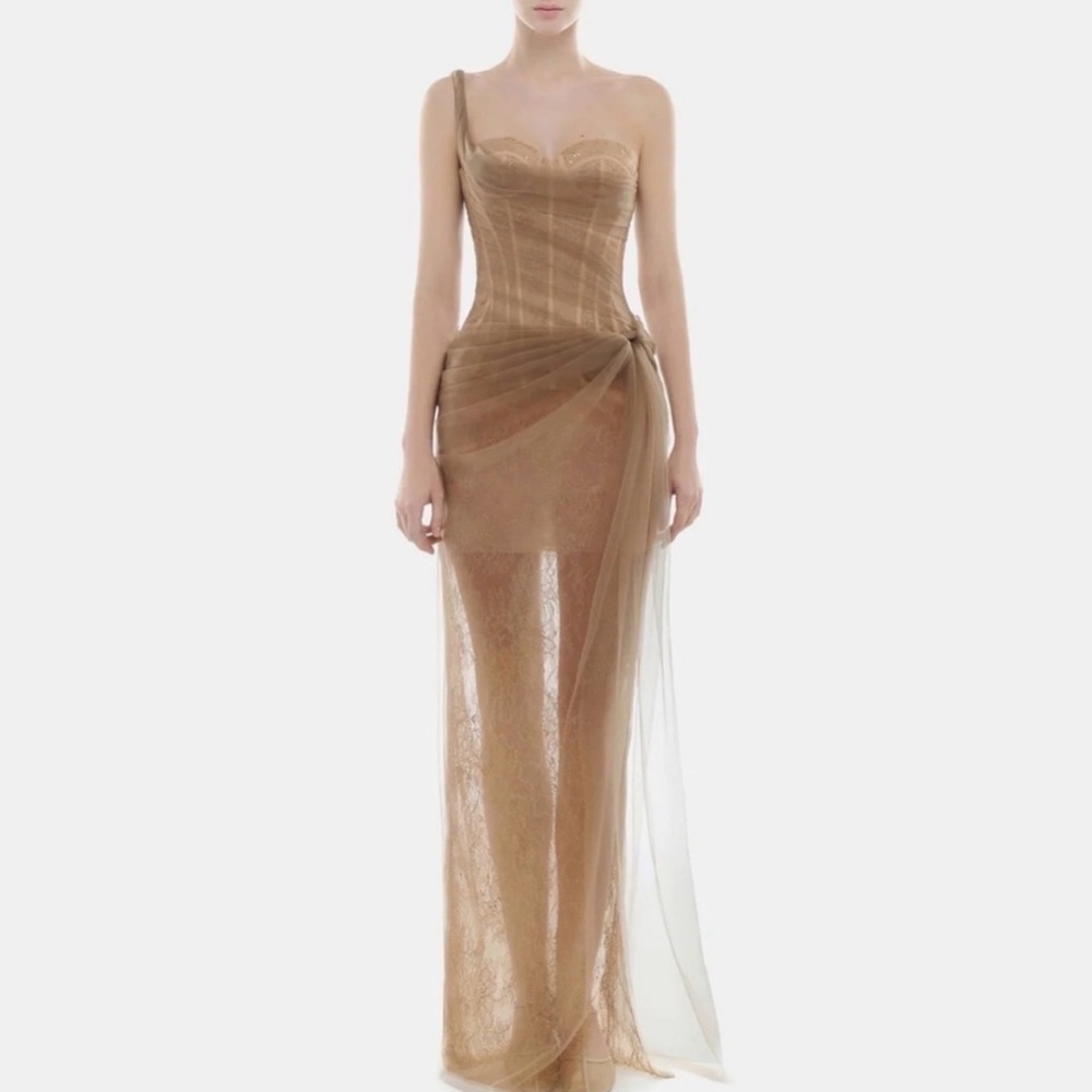 Montsand - Mara Dress, Sheer Lace Overlay Evening Gown in Champagne